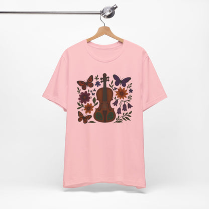 Floral Butterfly Violin Tee - Nature Lover Shirt, Music Gifts, Boho Style Tee, Eco-friendly Fashion, Unisex Short Sleeve Shirt