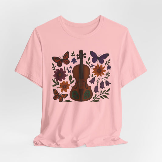 Floral Butterfly Violin Tee - Nature Lover Shirt, Music Gifts, Boho Style Tee, Eco-friendly Fashion, Unisex Short Sleeve Shirt