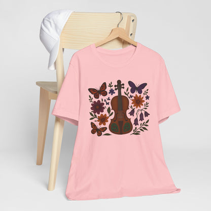 Floral Butterfly Violin Tee - Nature Lover Shirt, Music Gifts, Boho Style Tee, Eco-friendly Fashion, Unisex Short Sleeve Shirt
