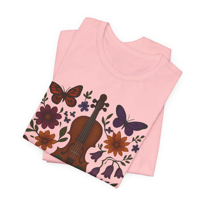 Floral Butterfly Violin Tee - Nature Lover Shirt, Music Gifts, Boho Style Tee, Eco-friendly Fashion, Unisex Short Sleeve Shirt