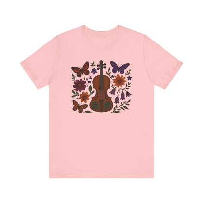 Floral Butterfly Violin Tee - Nature Lover Shirt, Music Gifts, Boho Style Tee, Eco-friendly Fashion, Unisex Short Sleeve Shirt