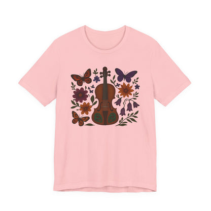 Floral Butterfly Violin Tee - Nature Lover Shirt, Music Gifts, Boho Style Tee, Eco-friendly Fashion, Unisex Short Sleeve Shirt