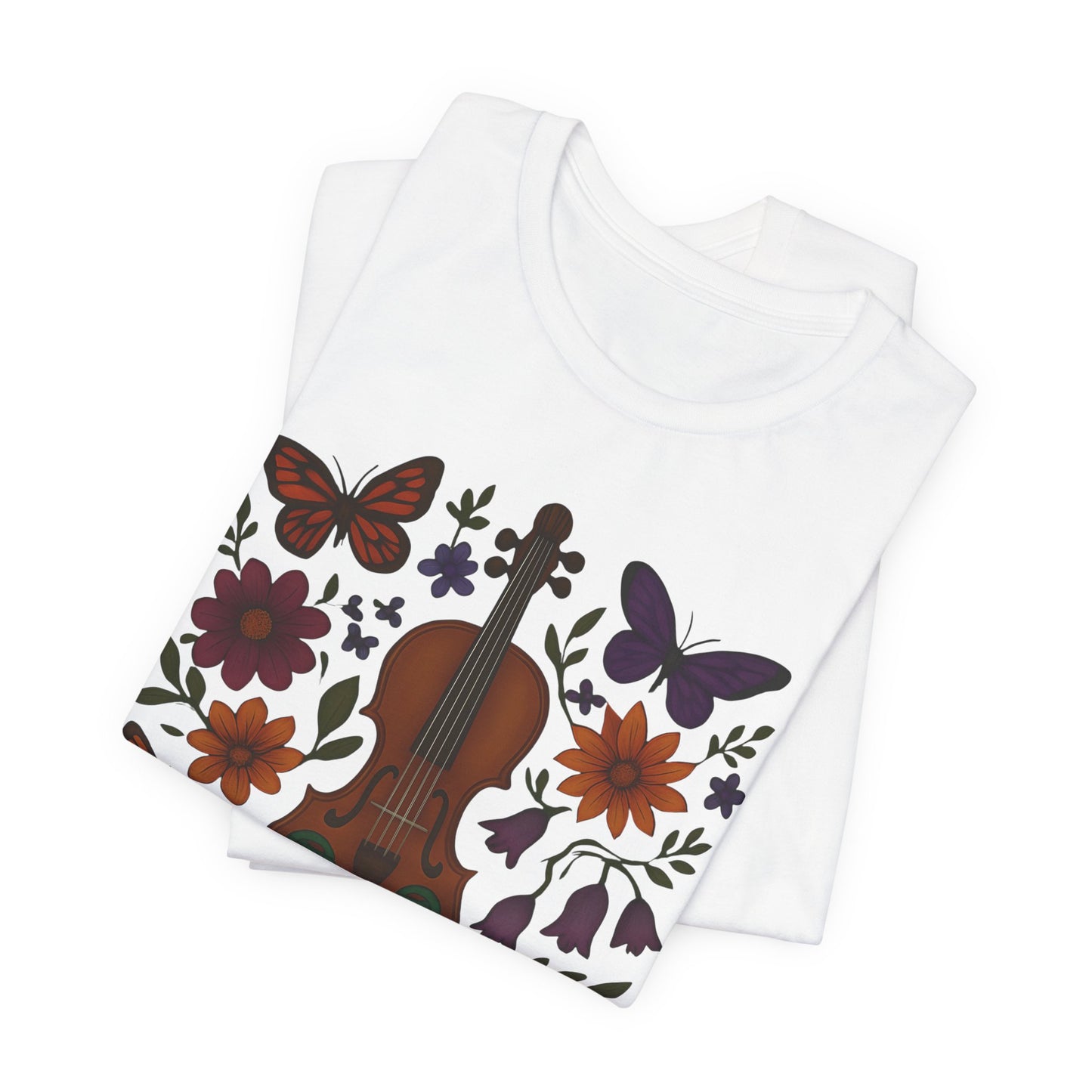 Floral Butterfly Violin Tee - Nature Lover Shirt, Music Gifts, Boho Style Tee, Eco-friendly Fashion, Unisex Short Sleeve Shirt