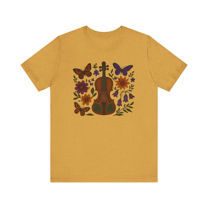 Floral Butterfly Violin Tee - Nature Lover Shirt, Music Gifts, Boho Style Tee, Eco-friendly Fashion, Unisex Short Sleeve Shirt
