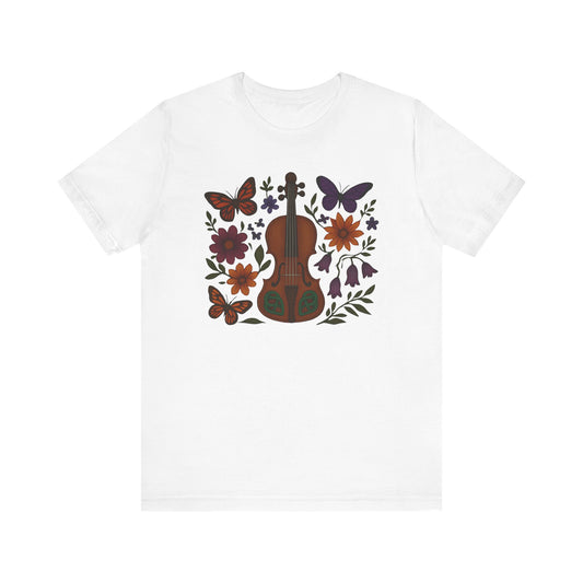 Floral Butterfly Violin Tee - Nature Lover Shirt, Music Gifts, Boho Style Tee, Eco-friendly Fashion, Unisex Short Sleeve Shirt