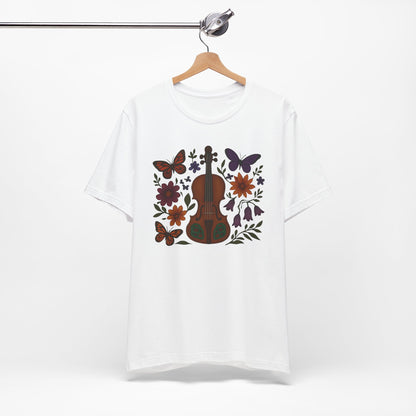 Floral Butterfly Violin Tee - Nature Lover Shirt, Music Gifts, Boho Style Tee, Eco-friendly Fashion, Unisex Short Sleeve Shirt