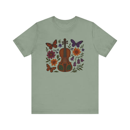 Floral Butterfly Violin Tee - Nature Lover Shirt, Music Gifts, Boho Style Tee, Eco-friendly Fashion, Unisex Short Sleeve Shirt
