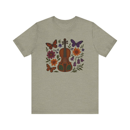 Floral Butterfly Violin Tee - Nature Lover Shirt, Music Gifts, Boho Style Tee, Eco-friendly Fashion, Unisex Short Sleeve Shirt