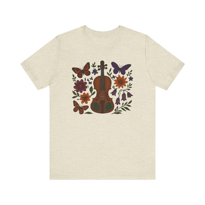 Floral Butterfly Violin Tee - Nature Lover Shirt, Music Gifts, Boho Style Tee, Eco-friendly Fashion, Unisex Short Sleeve Shirt